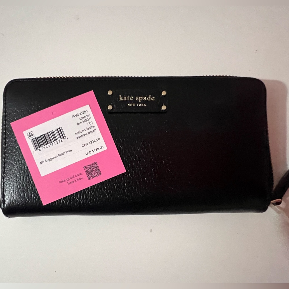 KATE SPADE BLACK LEATHER SPENCER CONTINENTAL LARGE ZIP AROUND WALLET, NWT